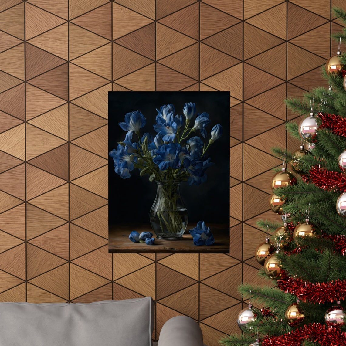 Cornflower Blue Freesia Bouquet Glass Vase Dark Still Life Poster - Image 3