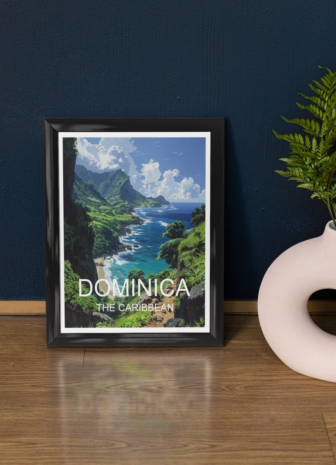 Dominica Caribbean Coast Lush Green Cliffs Turquoise Sea Poster