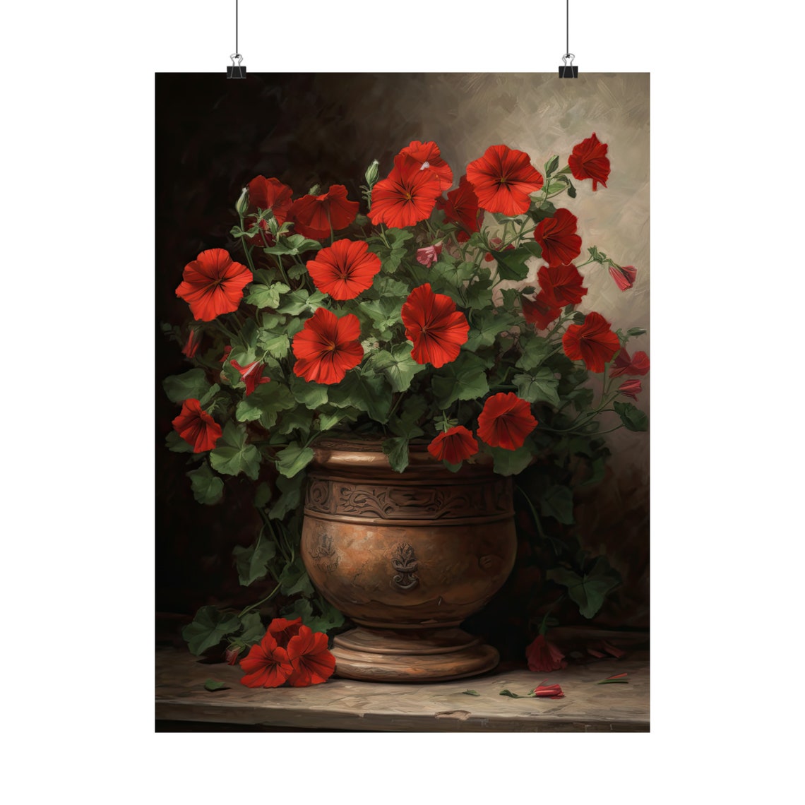 Red Petunias Copper Urn Dark Moody Floral Still Life Art Poster - Image 5