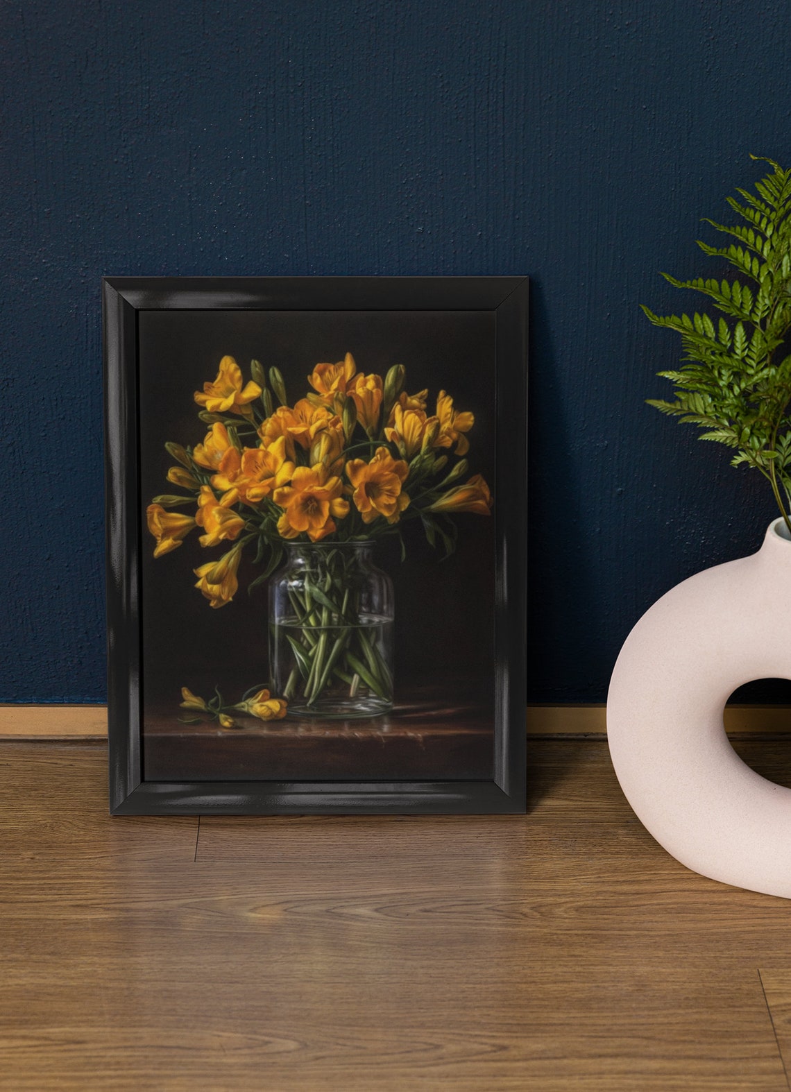 Sunny Yellow Freesia Bouquet Glass Vase Dark Moody Still Life Poster