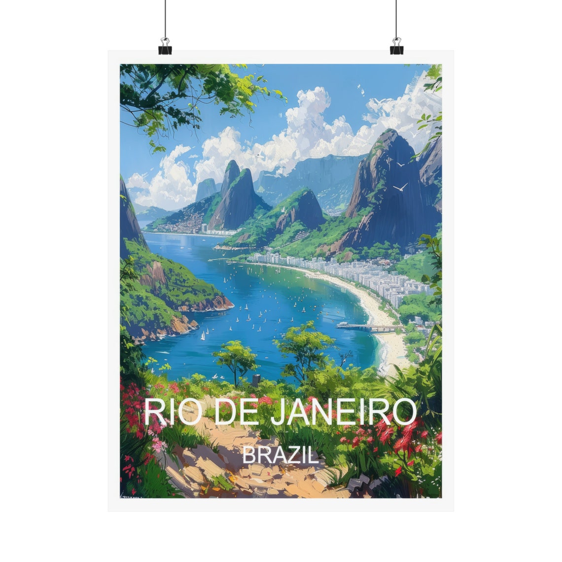Rio de Janeiro Brazil Curved Beach Green Mountains Travel Poster - Image 5