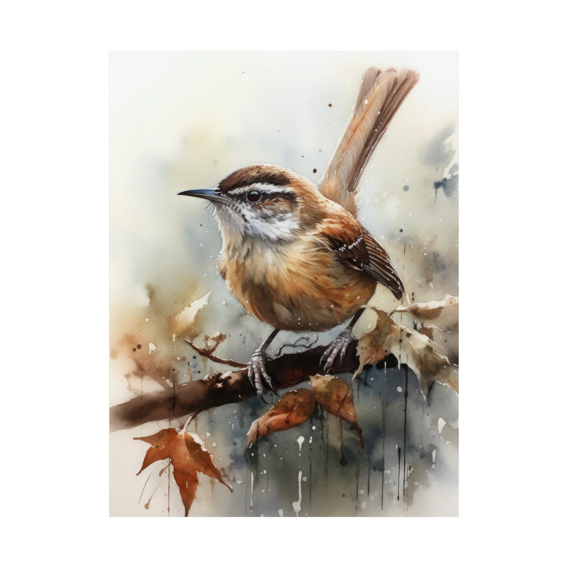 Carolina Wren Perched On Branch Watercolor Bird Art Wall Print - Image 5