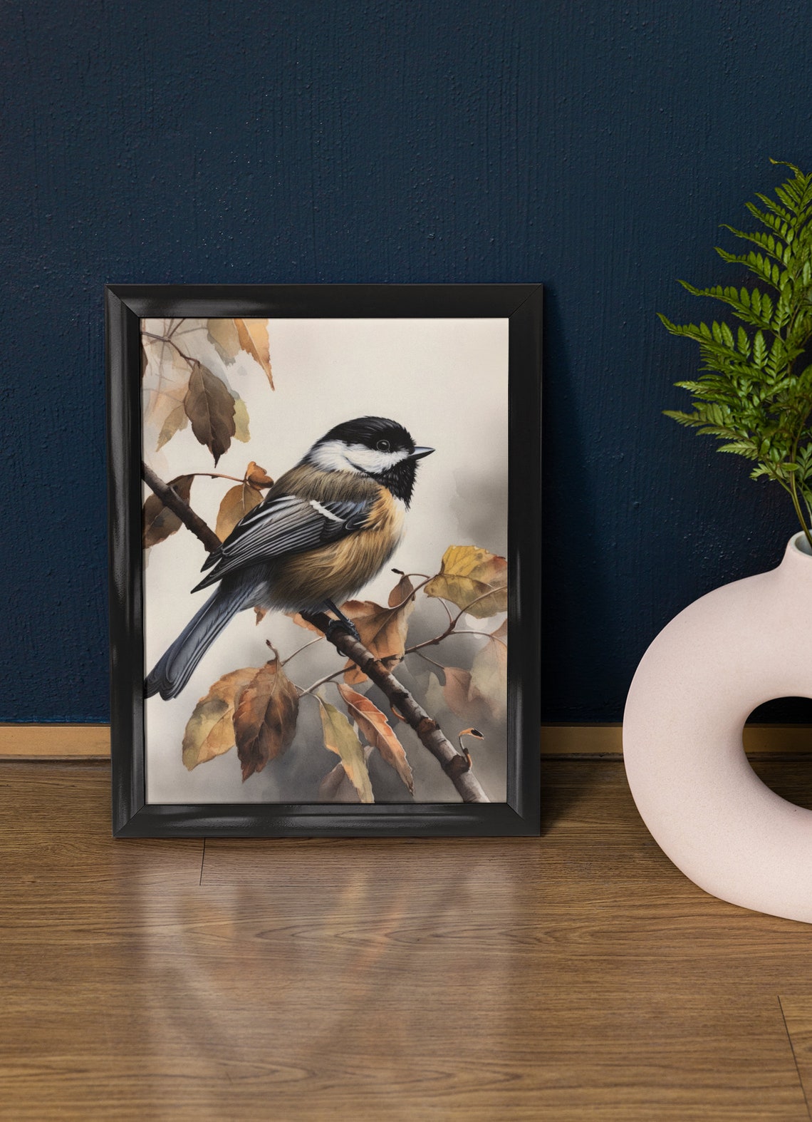 Chickadee Bird Branch Autumn Leaves Watercolor Wildlife Art Print