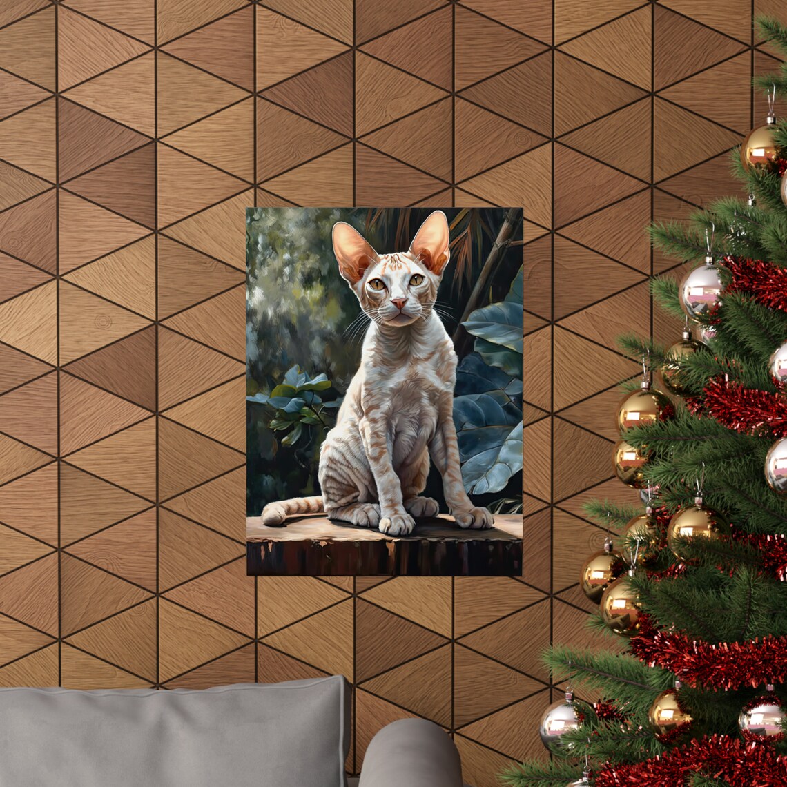 Devon Rex Cat Portrait Wooden Stump Cream Wavy Coat Large Ears Art Print - Image 3