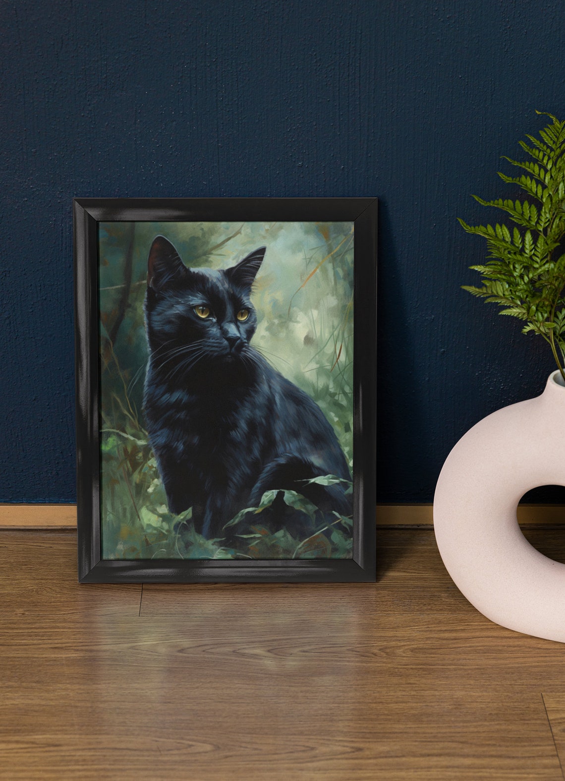 Bombay Black Cat Gold Eyes Garden Portrait Animal Art Poster