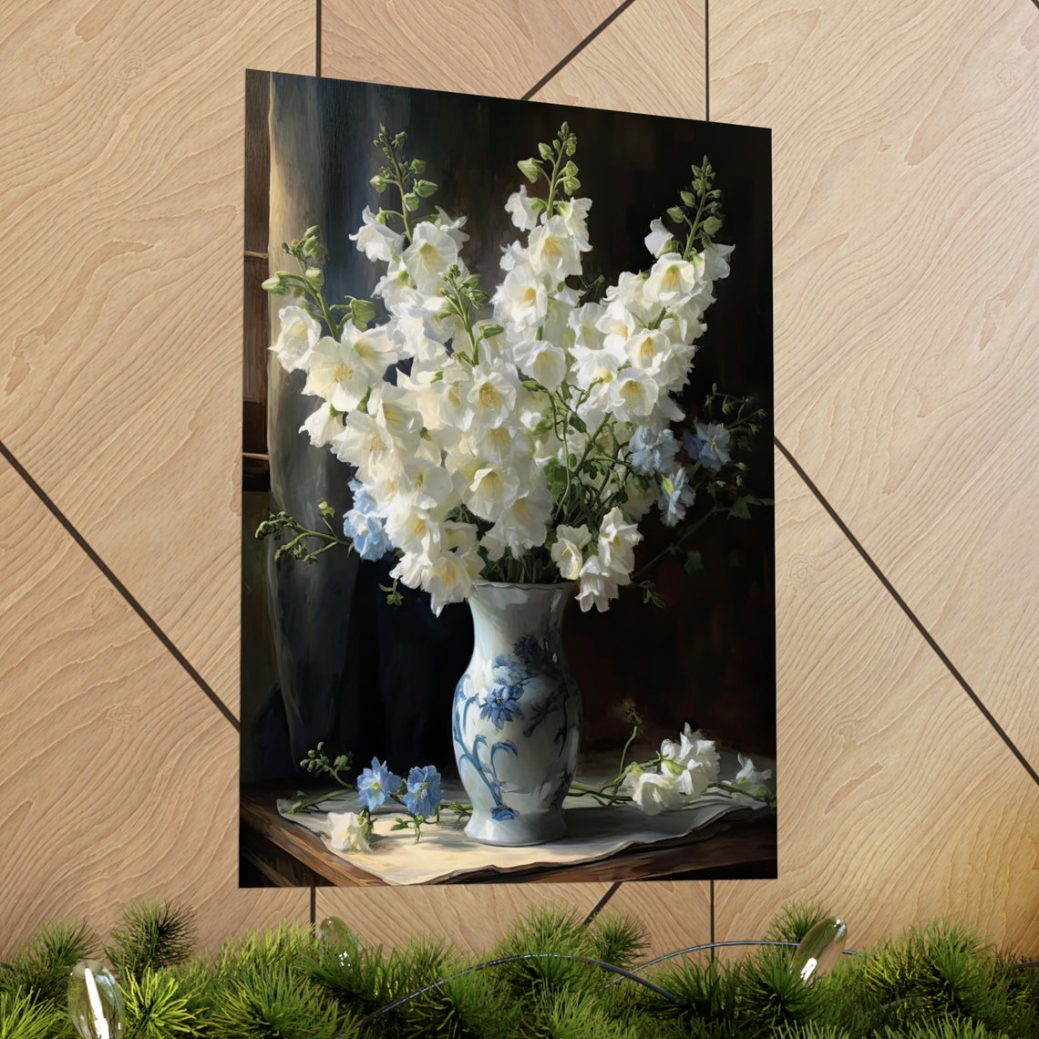 White Delphinium Bouquet Porcelain Vase Dark Still Life Poster - Image 2