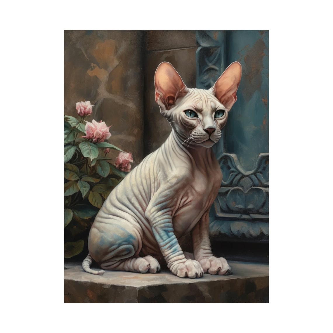 Sphynx Cat Portrait Pink Roses Classical Column Hairless Cat Art Print - Image 4