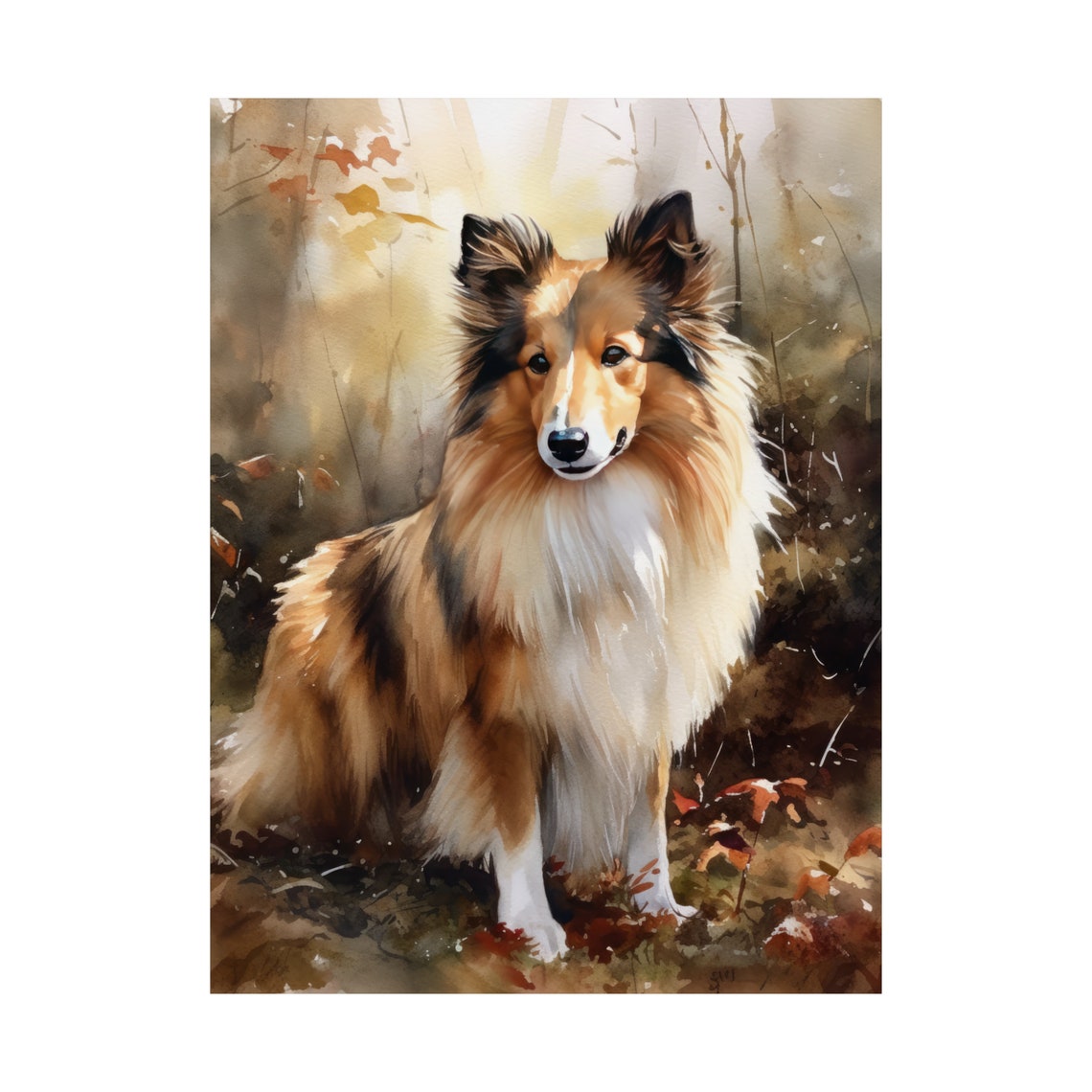 Shetland Sheepdog Dog Sitting in Sunlit Autumn Leaves Scene Poster - Image 4