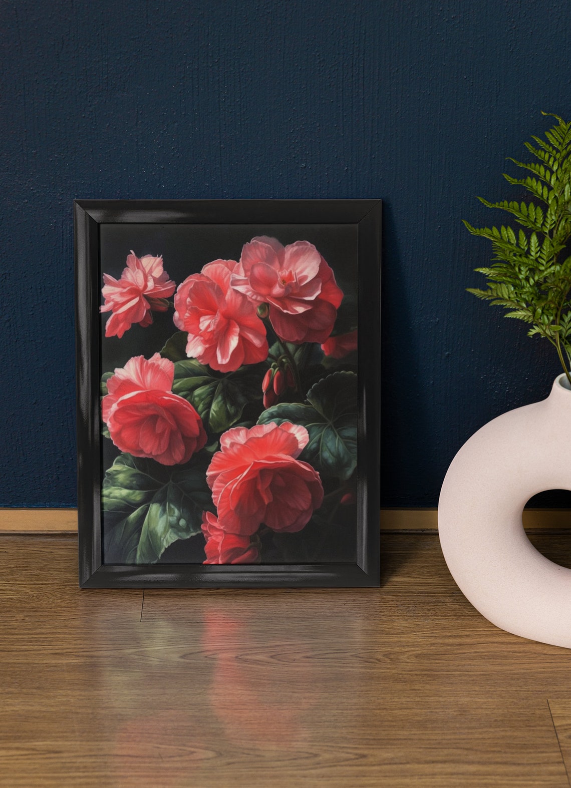 Pink Begonia Blooming Branches Dark Elegant Garden Floral Art Poster