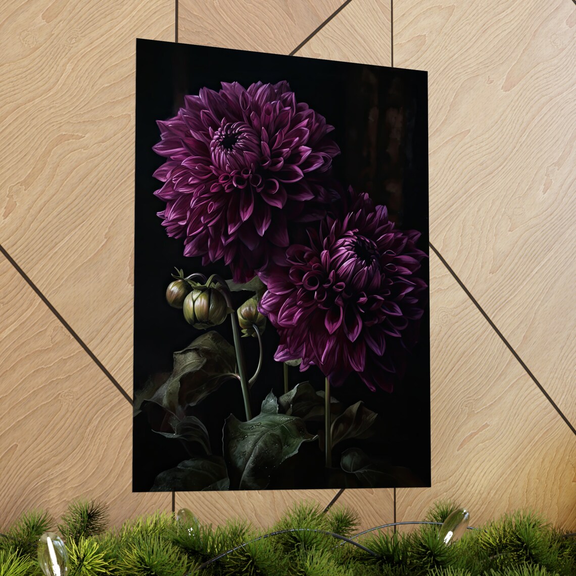 Purple Dahlia Blossoms Rich Velvet Petals Dark Botanical Art Poster - Image 2