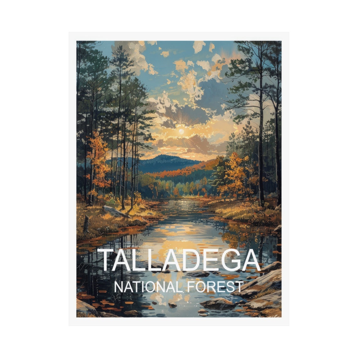 Talladega National Forest River Sunset Reflections Fall Travel Poster - Image 3