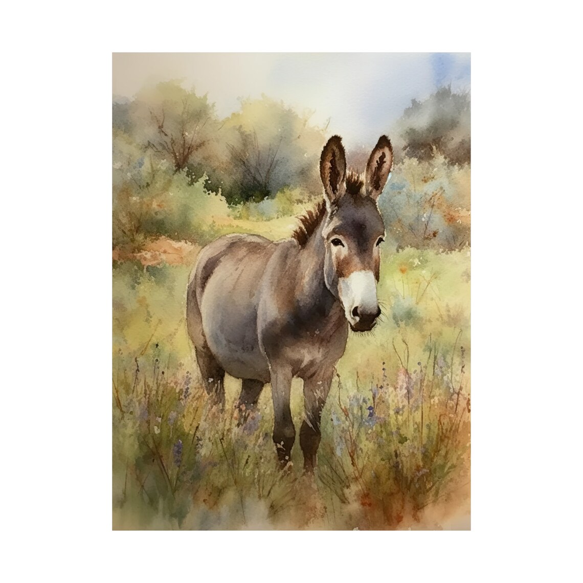 Donkey Standing Meadow Watercolor Farm Animal Countryside Art Print - Image 4