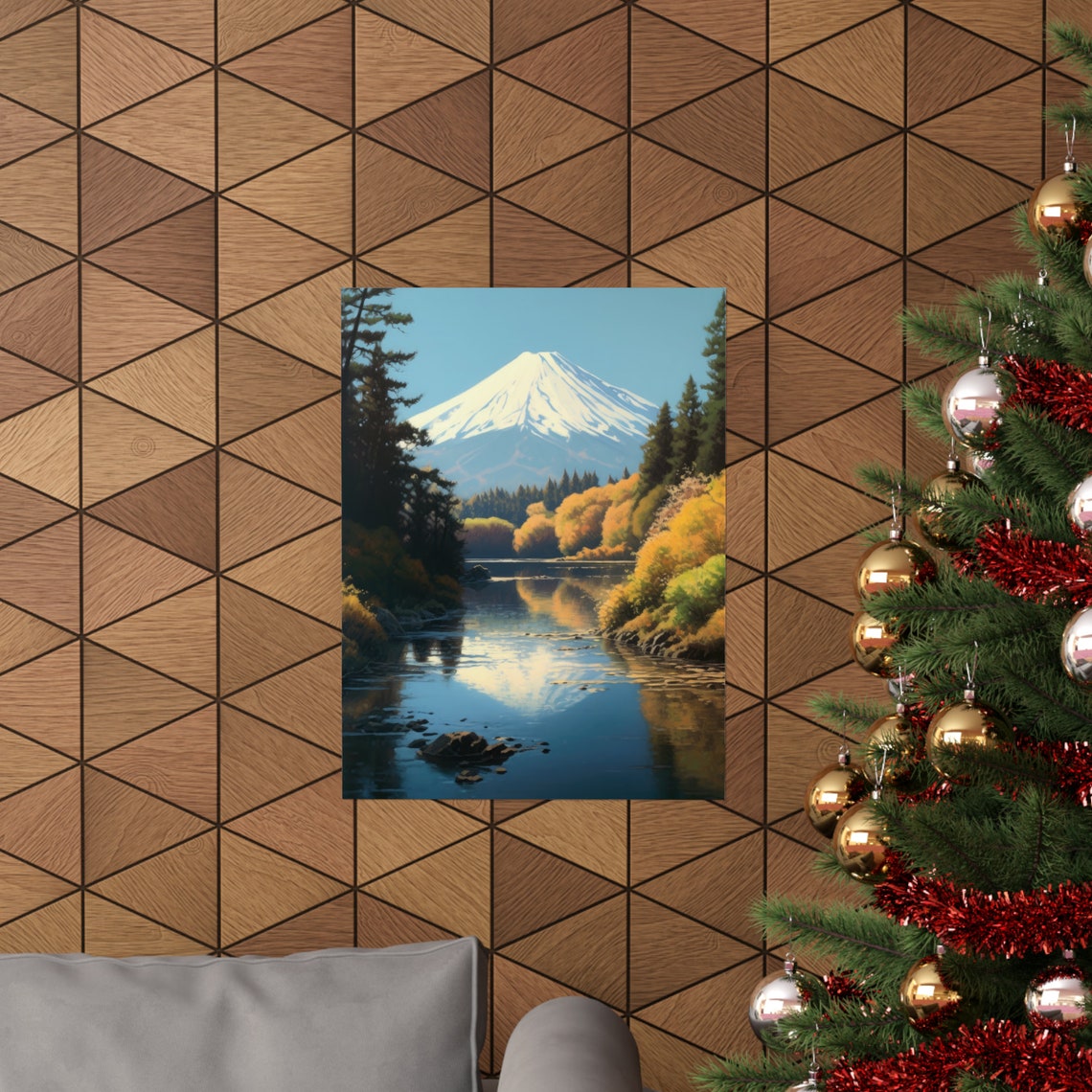 Mt Fuji Snow Capped Peak River Reflection Autumn Forest Travel Poster - Image 3