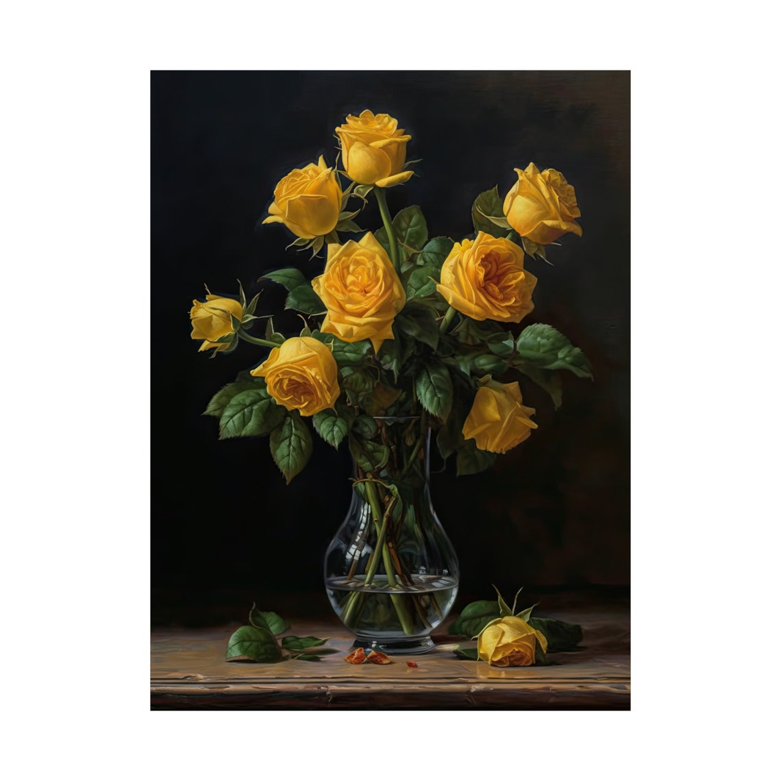 Yellow Rose Bouquet Golden Sunny Blooms Dark Still Life Art Poster - Image 4