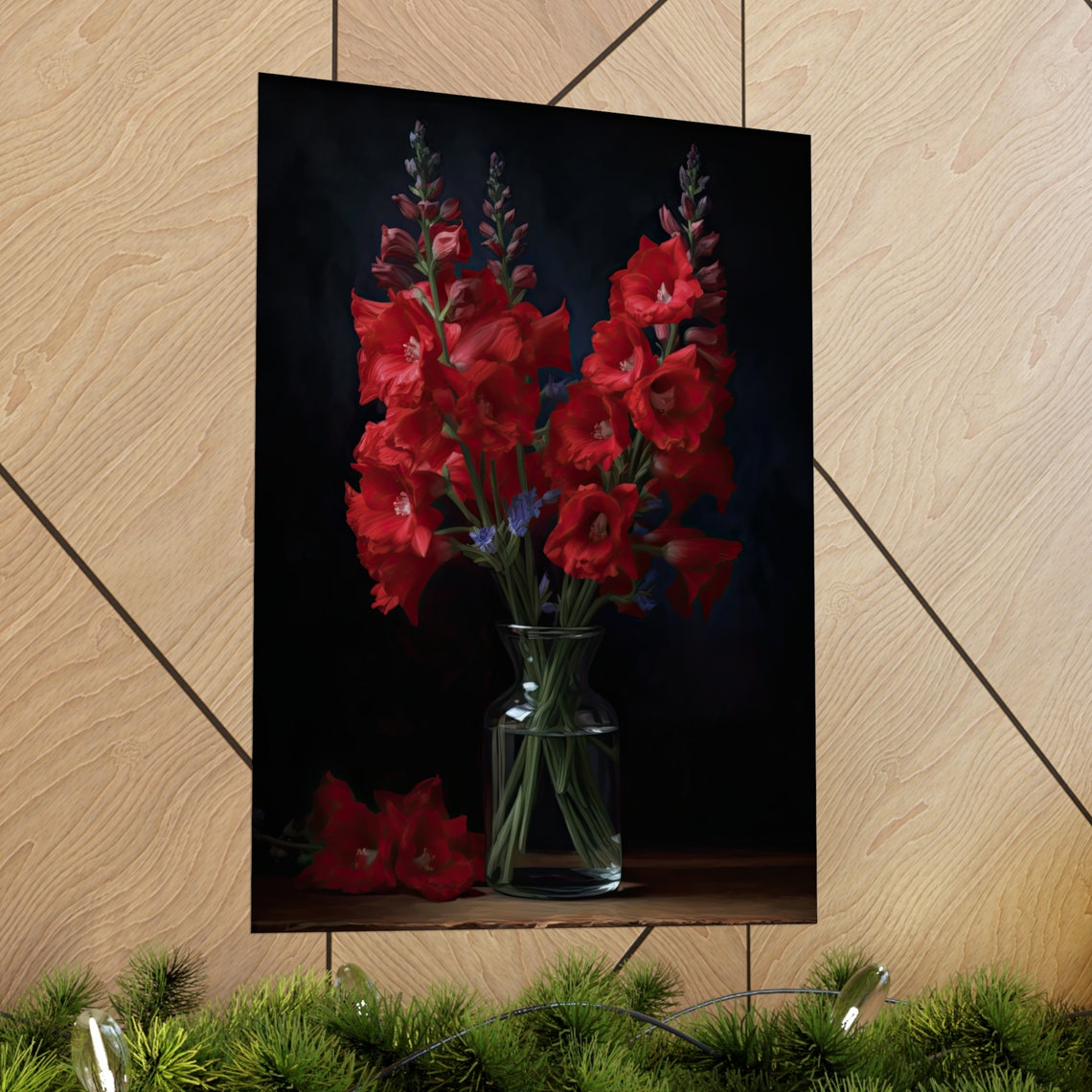 Scarlet Red Delphinium Bouquet Glass Vase Dark Still Life Poster - Image 2