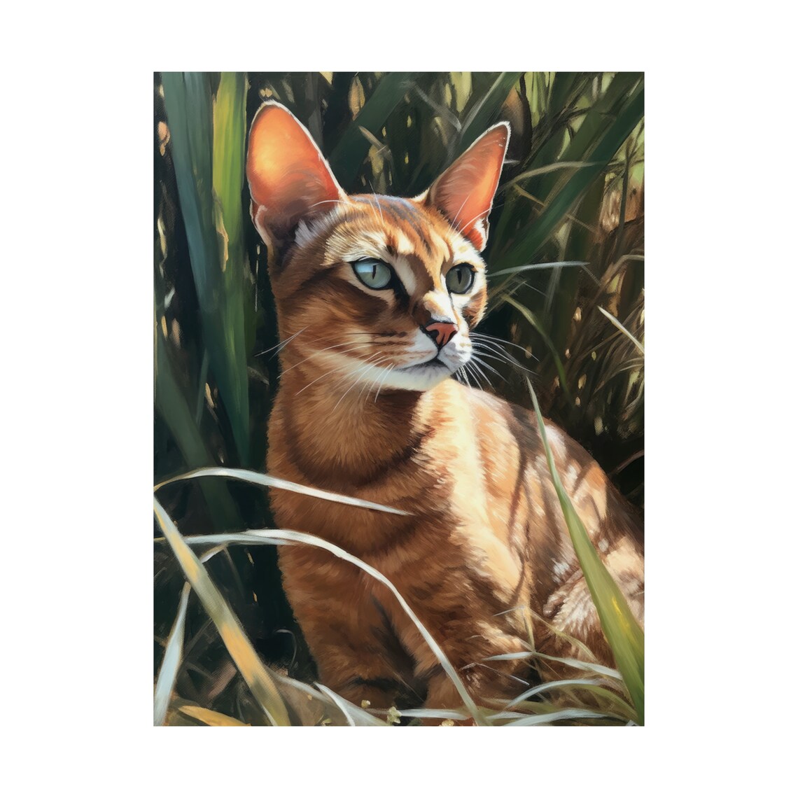 Abyssinian Cat Portrait Sunlit Grass Ruddy Ticked Coat Feline Art Print - Image 4