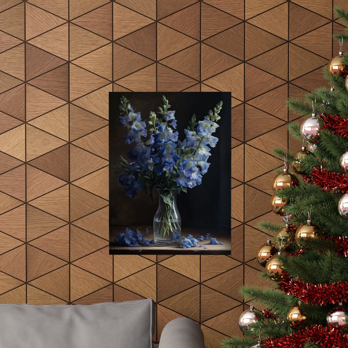 Blue Delphinium Fan Bouquet Glass Vase Dark Still Life Poster - Image 3