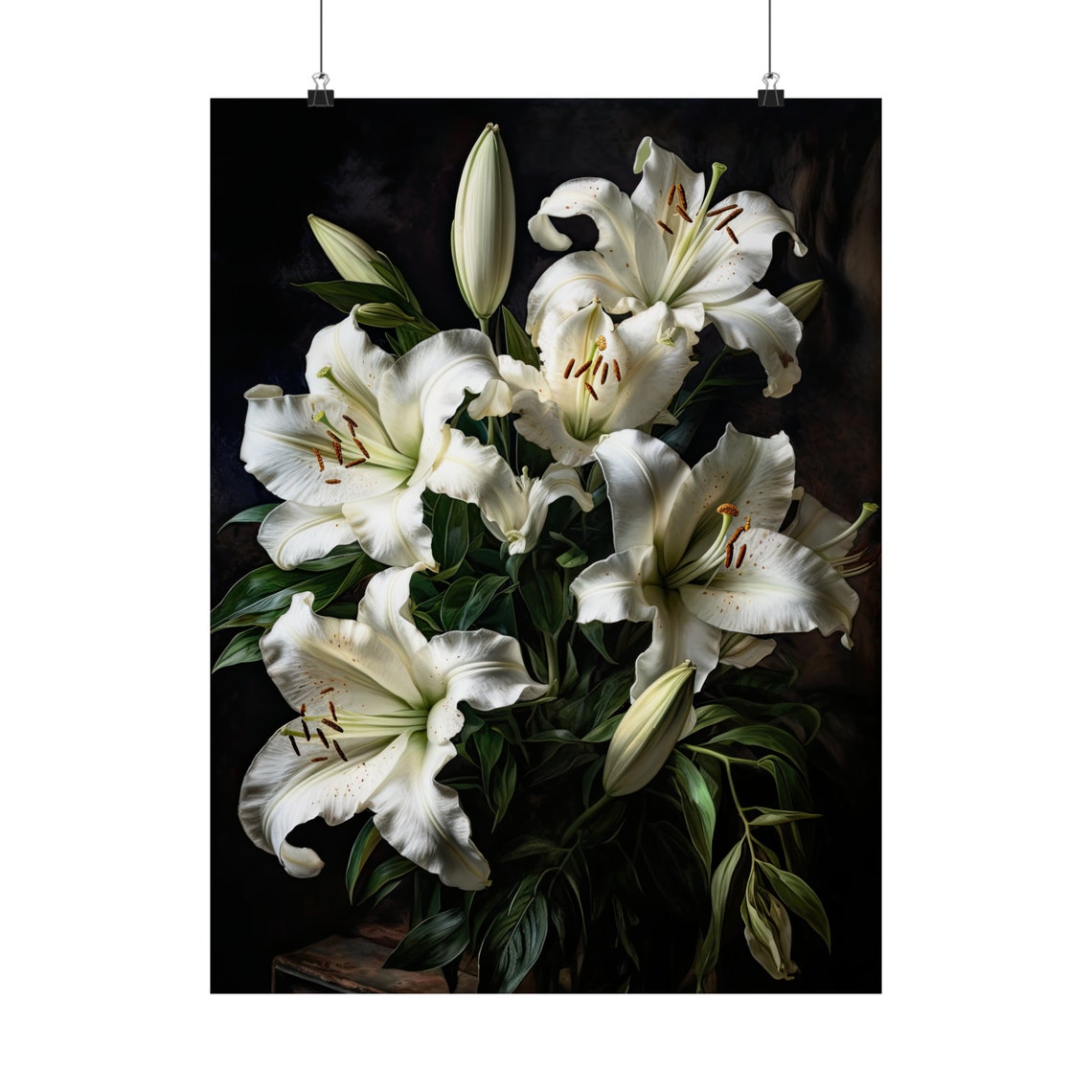 White Lily Blossoms Elegant Dark Botanical Floral Wall Art Print - Image 5