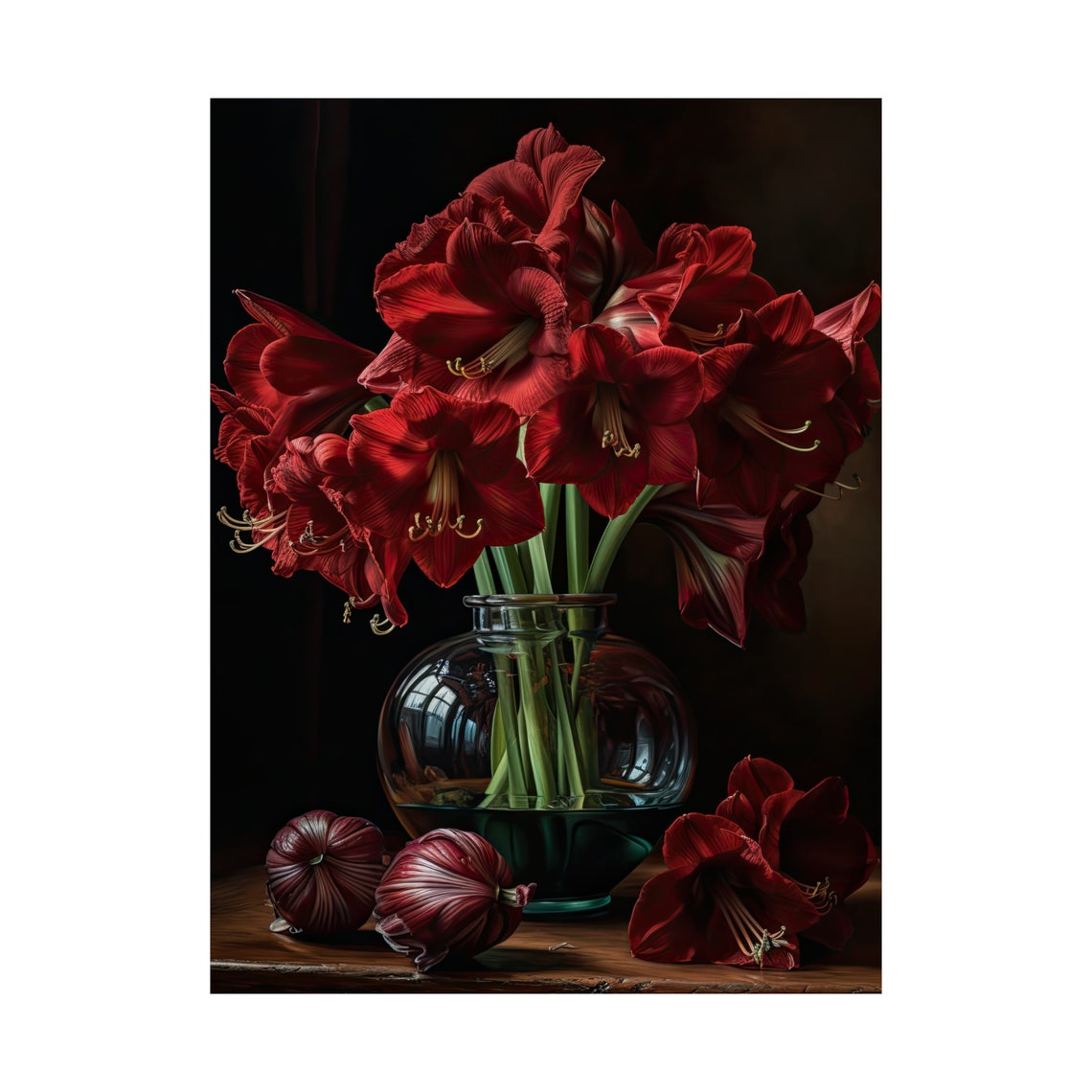 Burgundy Amaryllis Dark Still Life Bulbs Glass Vase Flower Art Print - Image 4