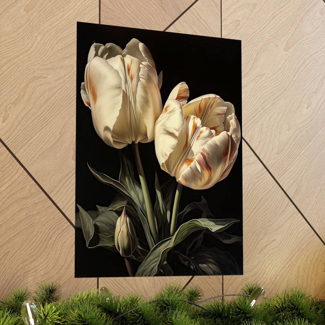 Cream Red Streaked Tulips Dark Moody Floral Oil Painting Print - Image 2