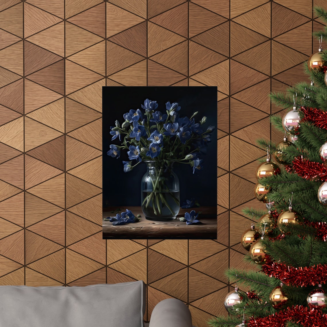 Midnight Blue Freesia Bouquet Glass Vase Dark Still Life Poster - Image 3
