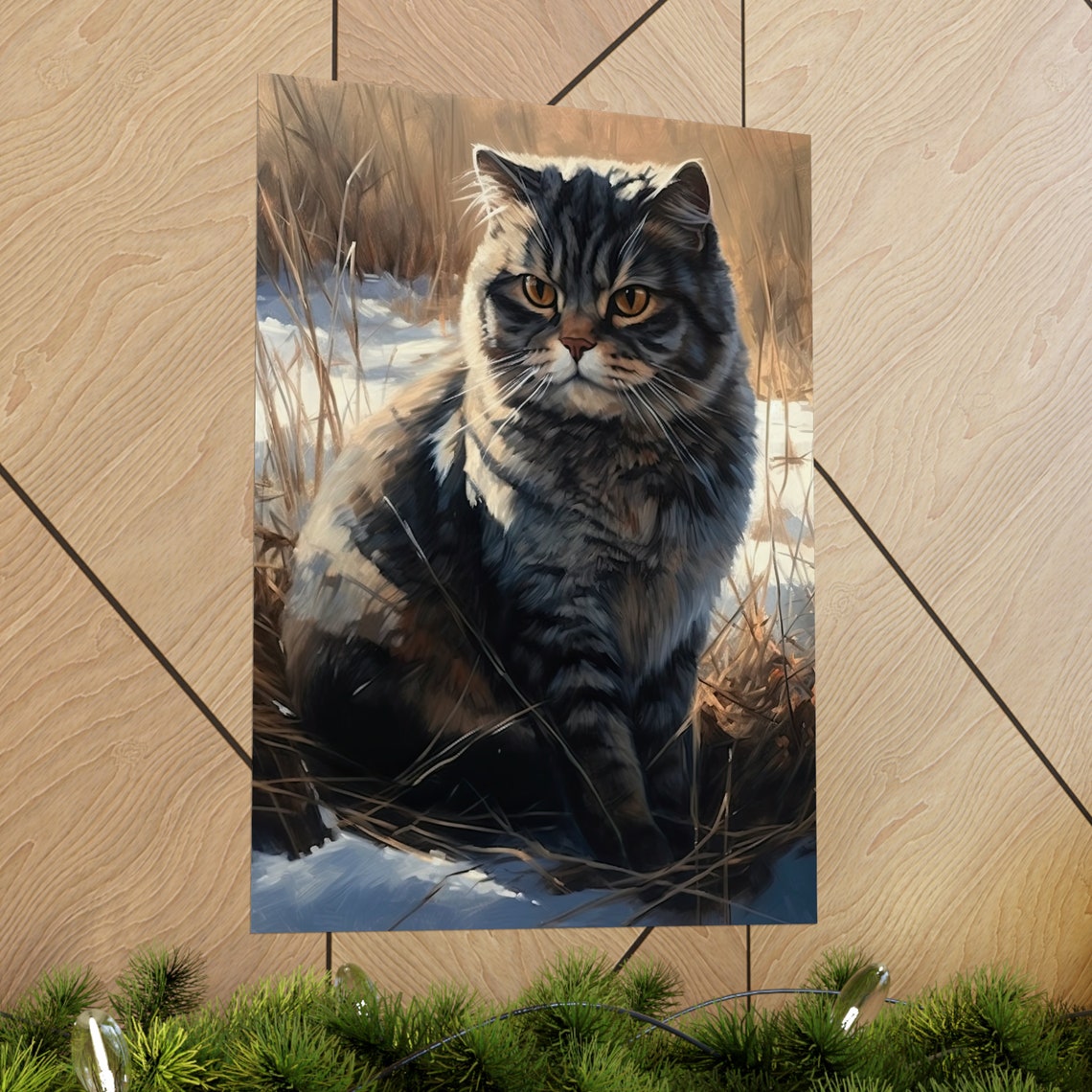 Scottish Fold Tabby Cat Autumn Grass Round Face Feline Art Poster - Image 2
