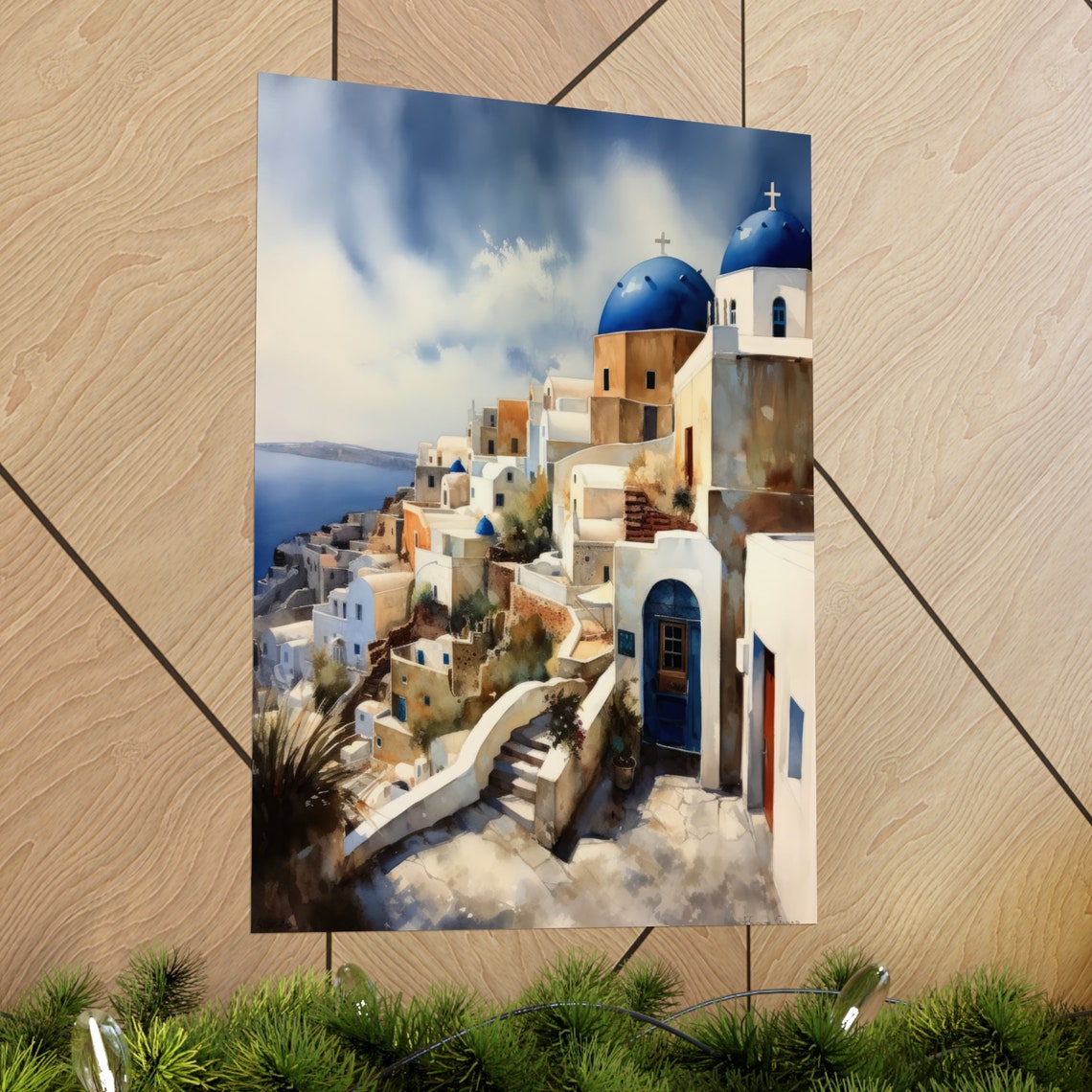 Santorini Greece Oia Blue Domes Caldera View Watercolor Travel Poster - Image 2
