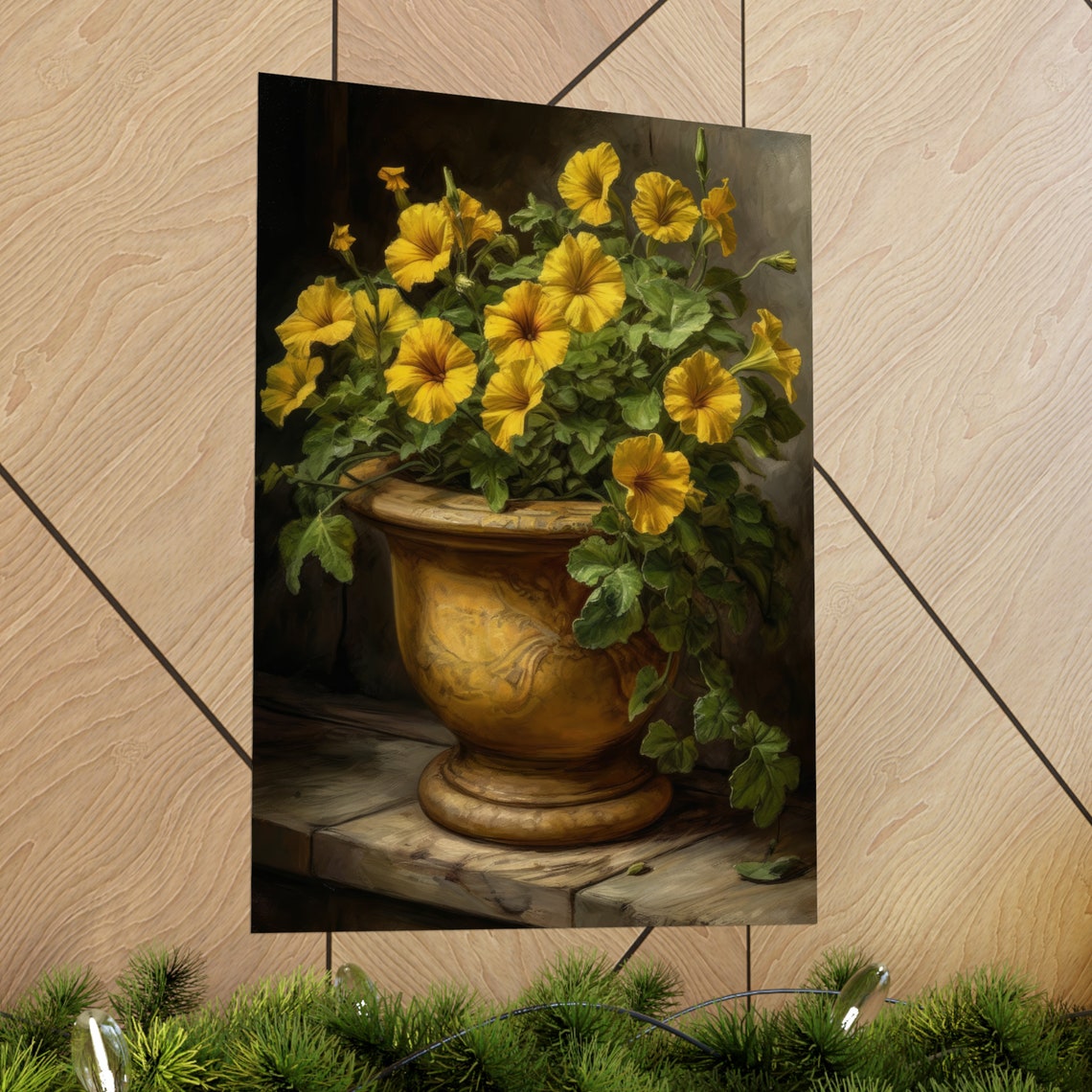 Yellow Petunias Terracotta Urn Dark Moody Floral Still Life Poster - Image 2