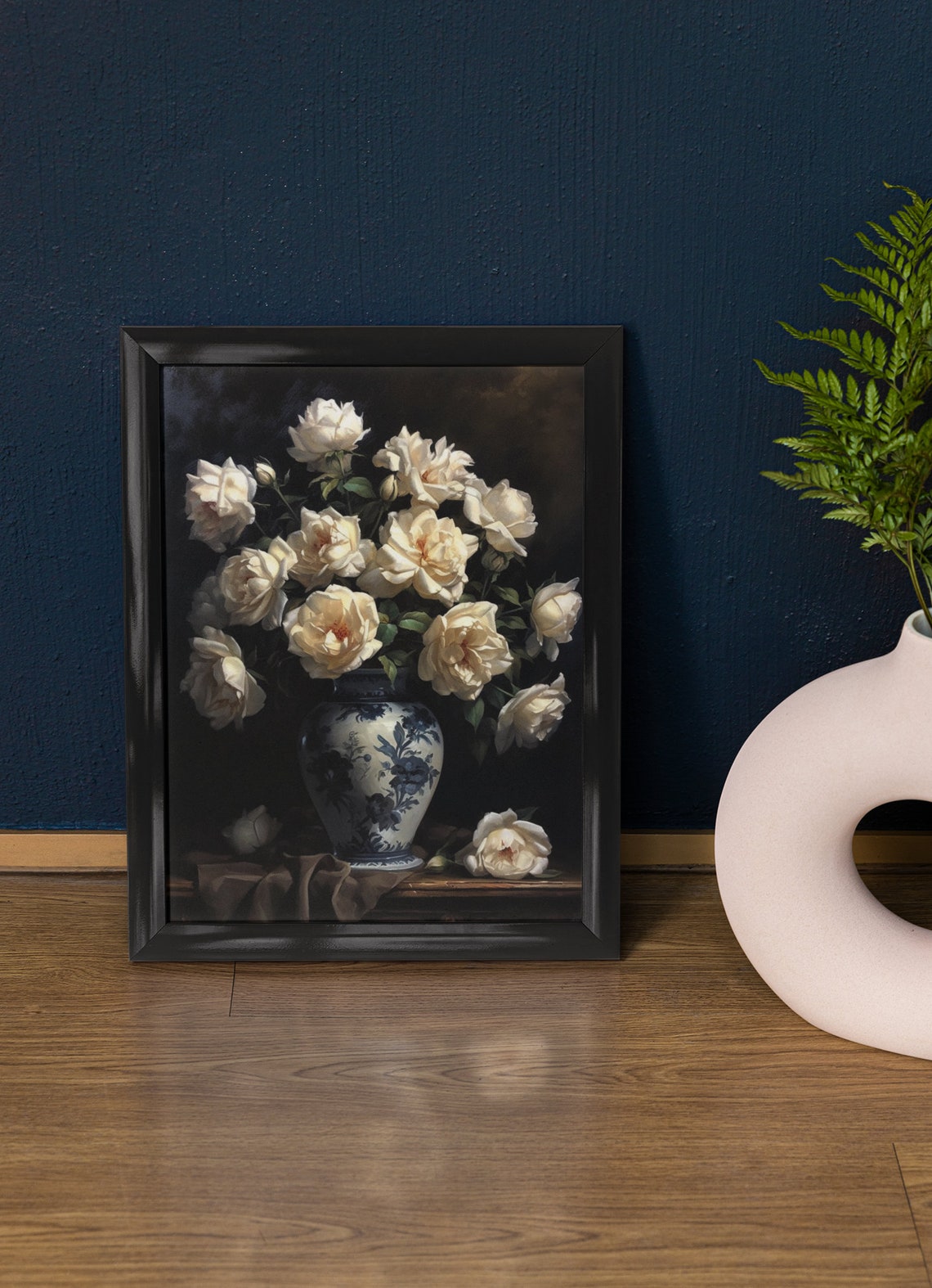 Cream White Roses Soft Blooms Blue Patterned Vase Still Life Poster