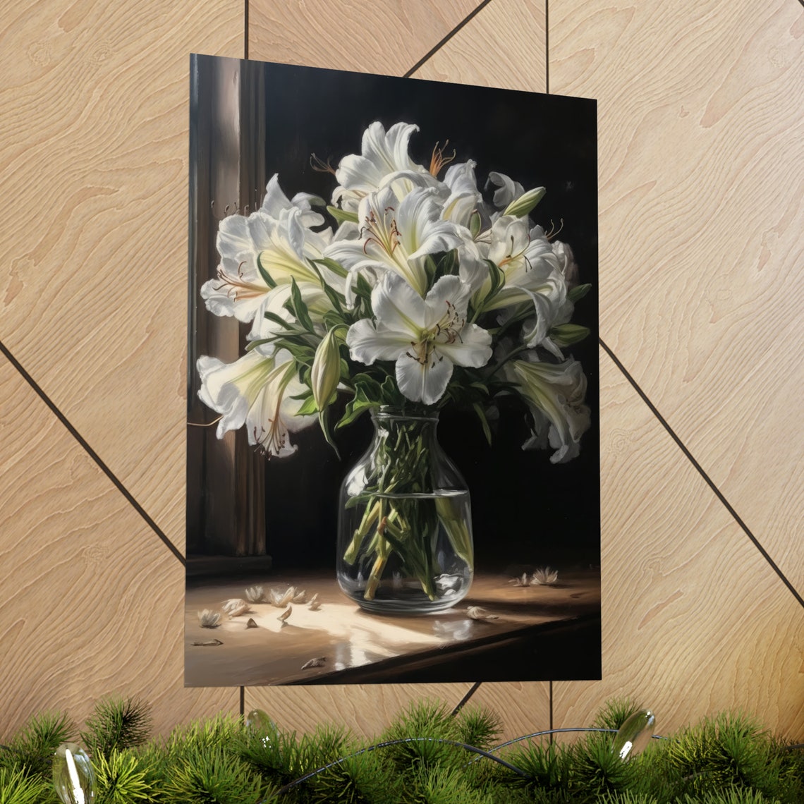 White Peruvian Lily Bouquet Dark Still Life Glass Vase Art Print - Image 2