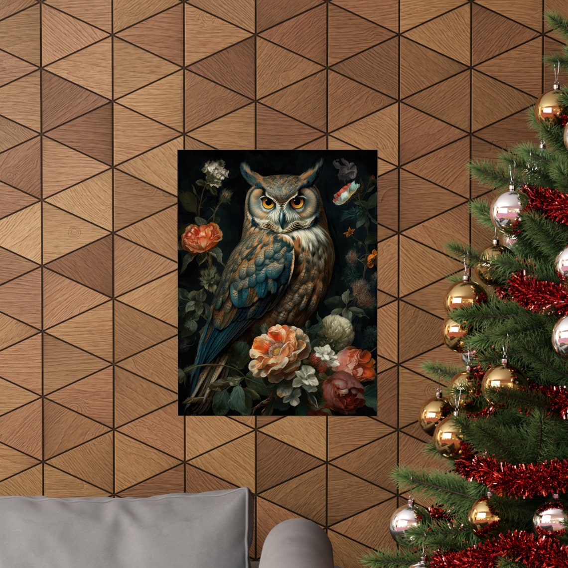 Great Horned Owl With Amber Eyes Among Dark Moody Roses Poster - Image 3