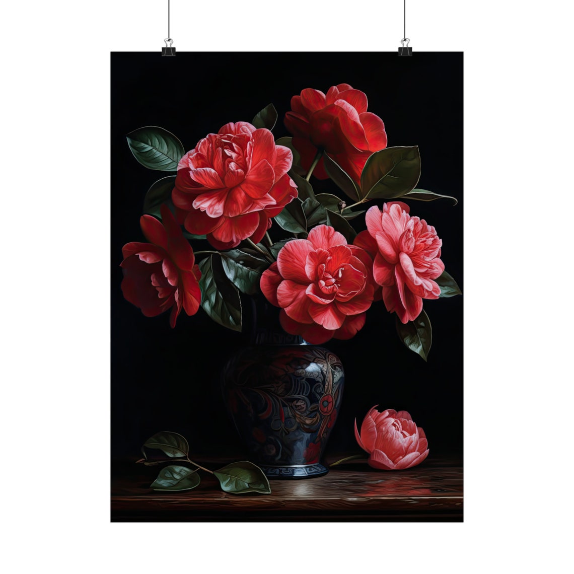 Red Camellia Blossoms Dark Still Life Floral Painting Fine Art Poster - Image 5