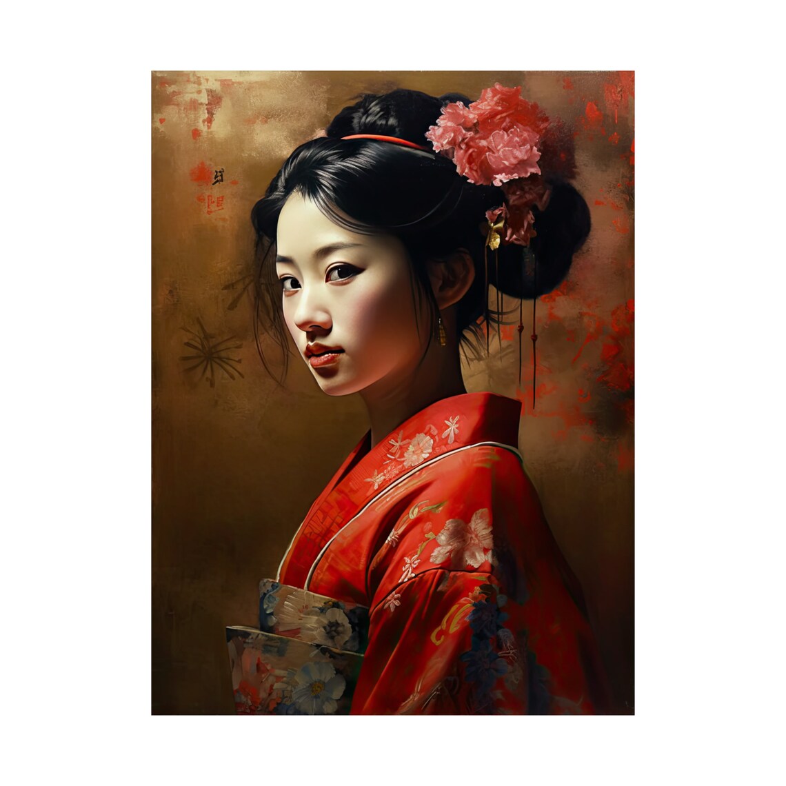Geisha in Red Kimono Portrait Japanese Oriental Elegant Art Poster - Image 4