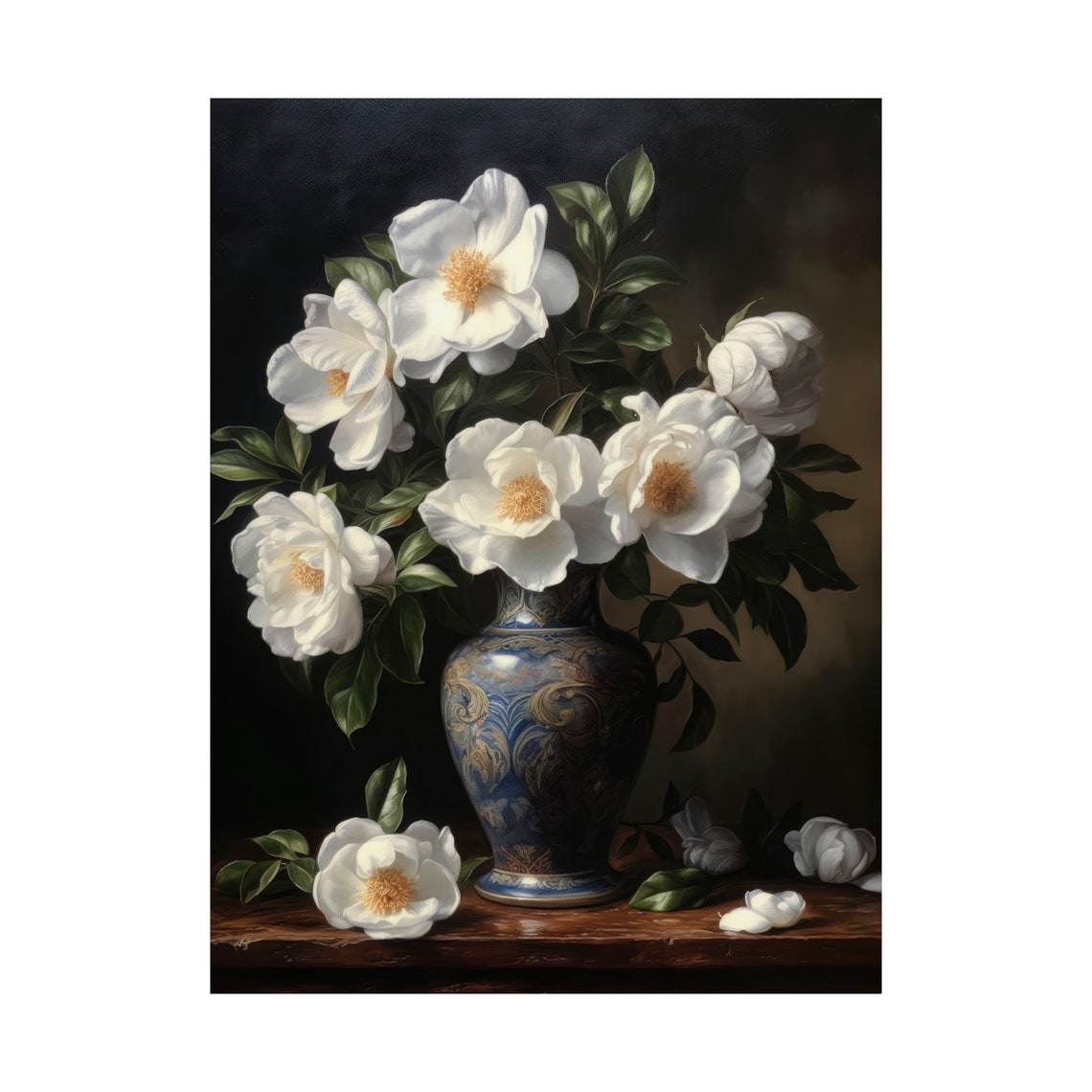 White Camellia Flowers Dark Still Life Floral Painting Fine Art Poster - Image 4