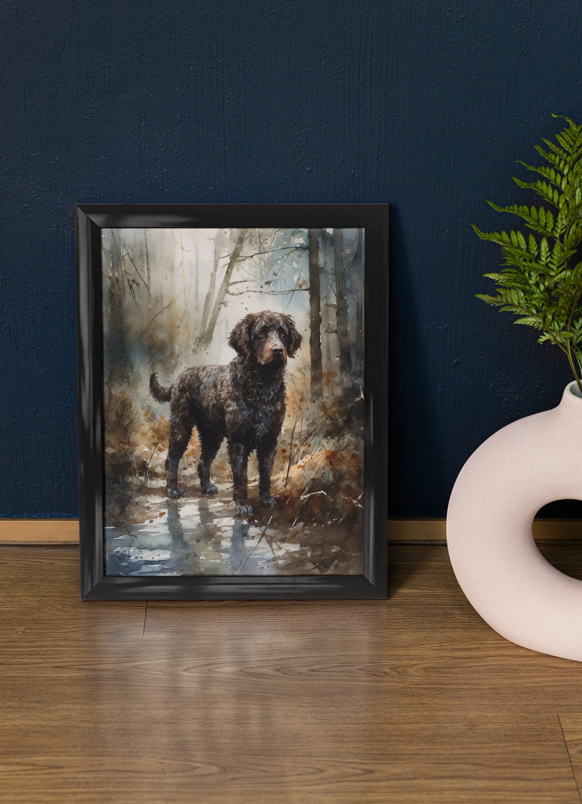 Spanish Water Dog Standing By A Misty Forest Stream Watercolor Poster