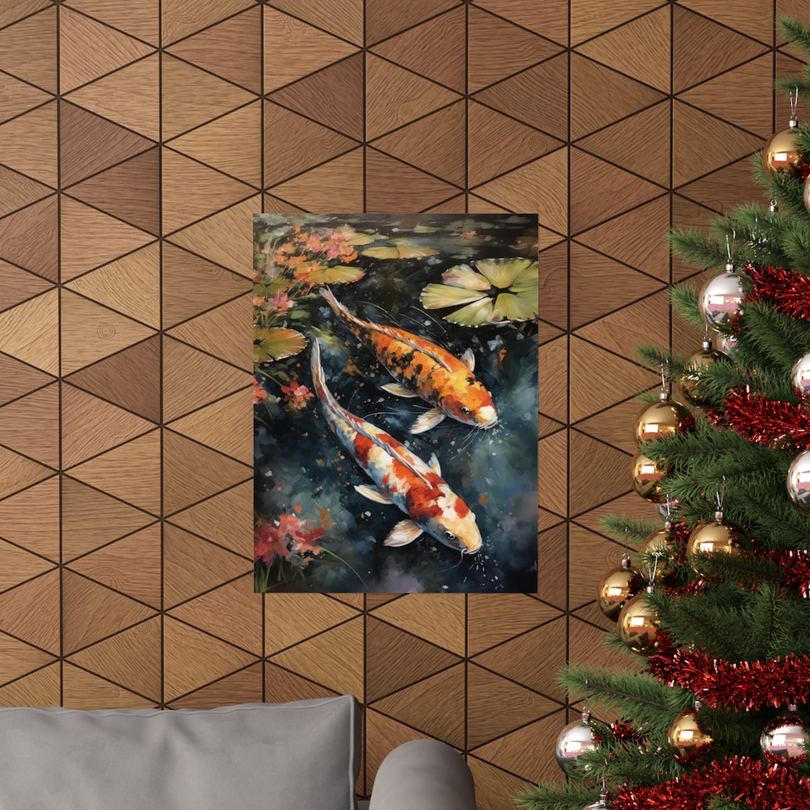 Two Koi Fish Watercolor Lily Pad Pond Painting Japanese Zen Wall Art - Image 3