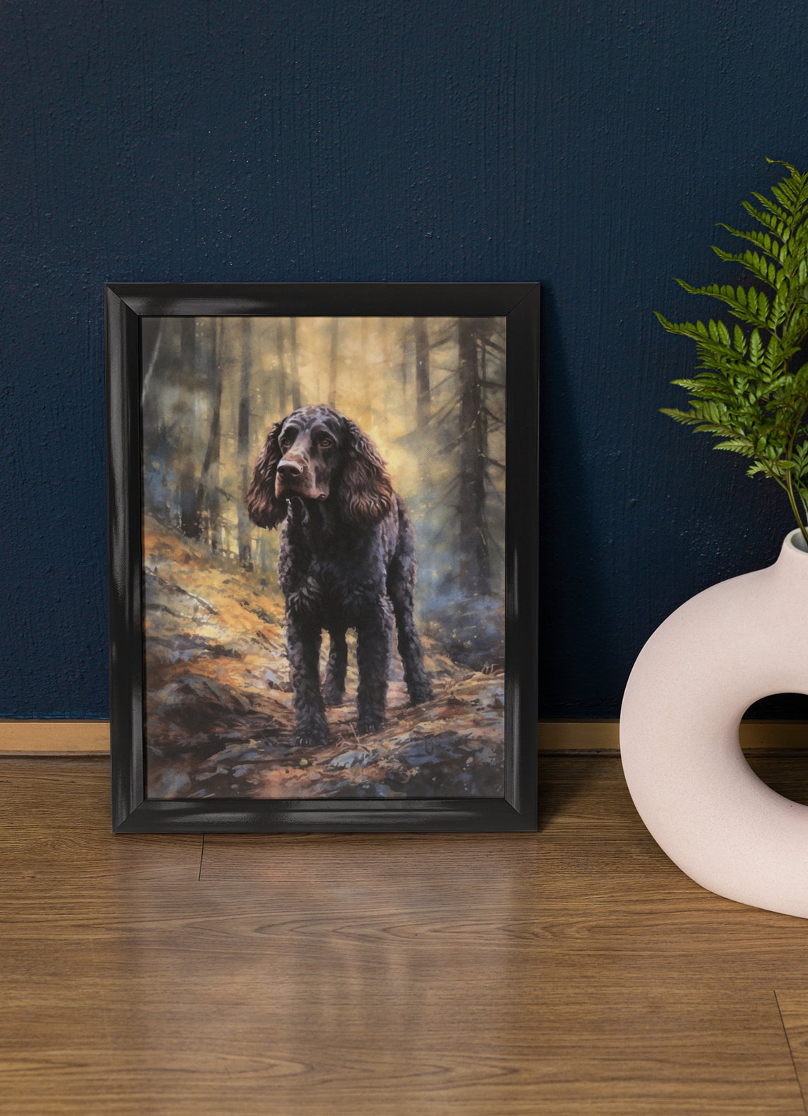 Irish Water Spaniel Black Curly Coat Forest Watercolor Dog Poster