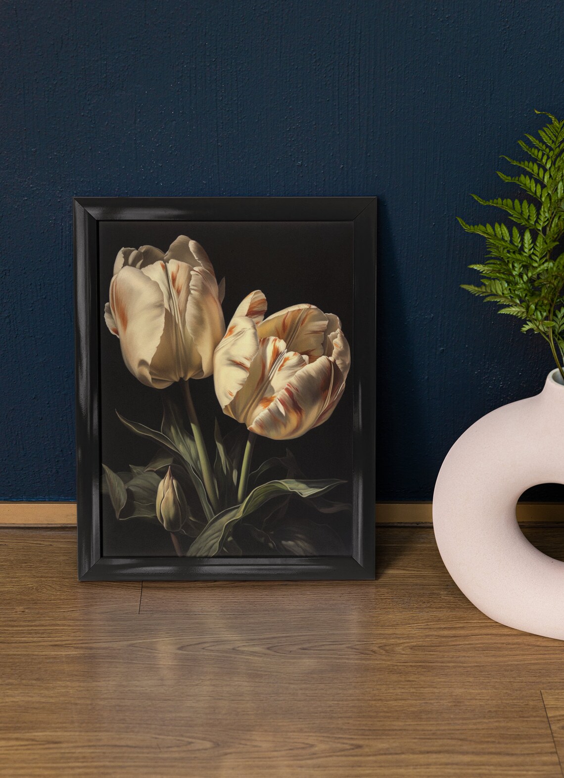 Cream Red Streaked Tulips Dark Moody Floral Oil Painting Print