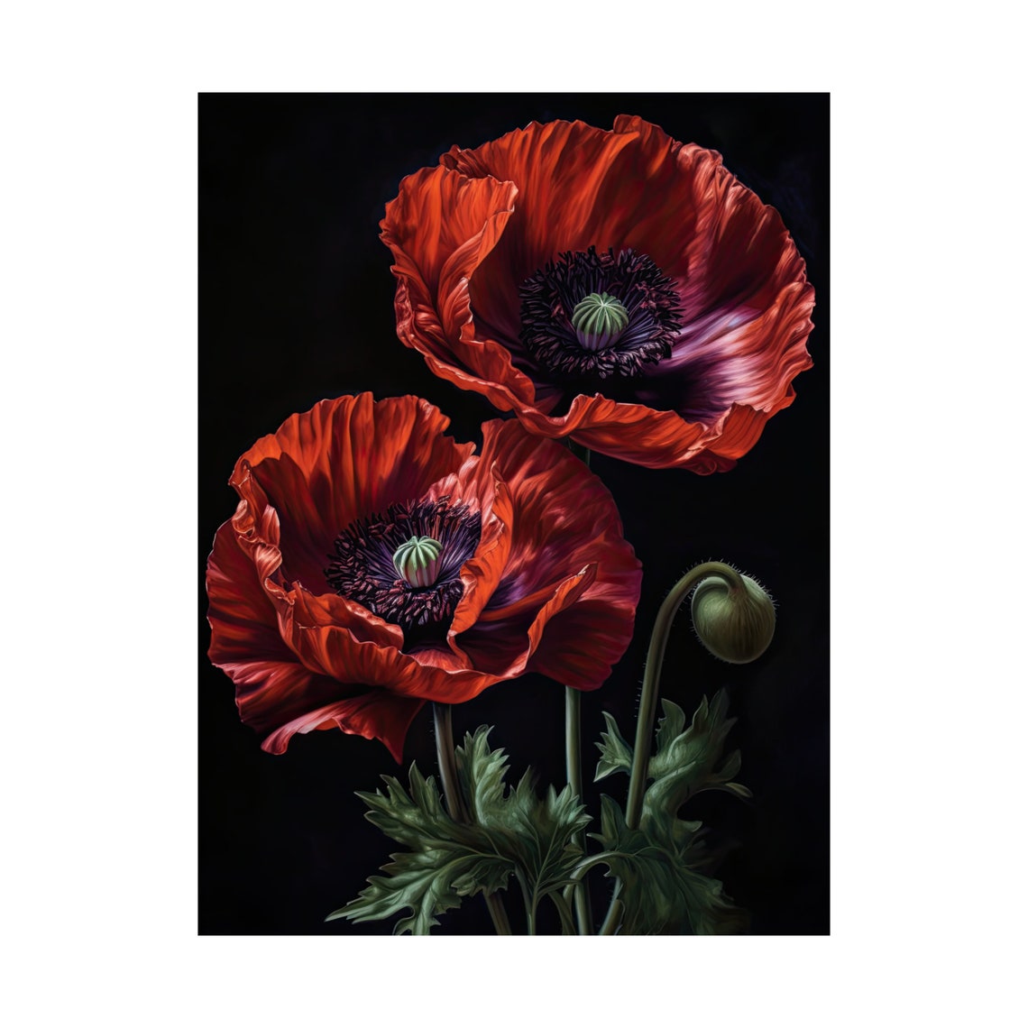 Oriental Poppy Deep Red Blooms Bud Dark Elegant Floral Painting Poster - Image 4