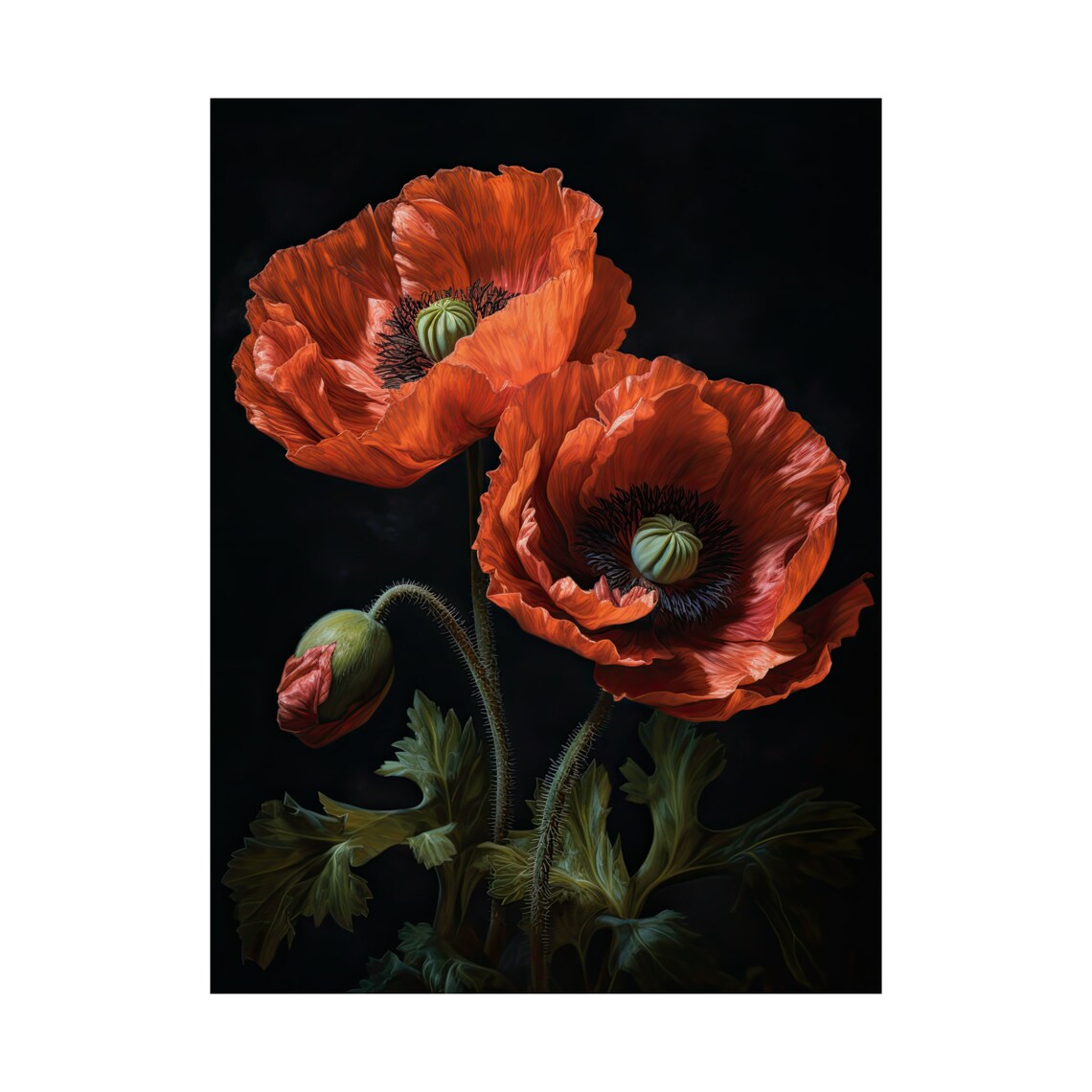 California Poppy Red Orange Duo Buds Dark Bold Floral Painting Poster - Image 4