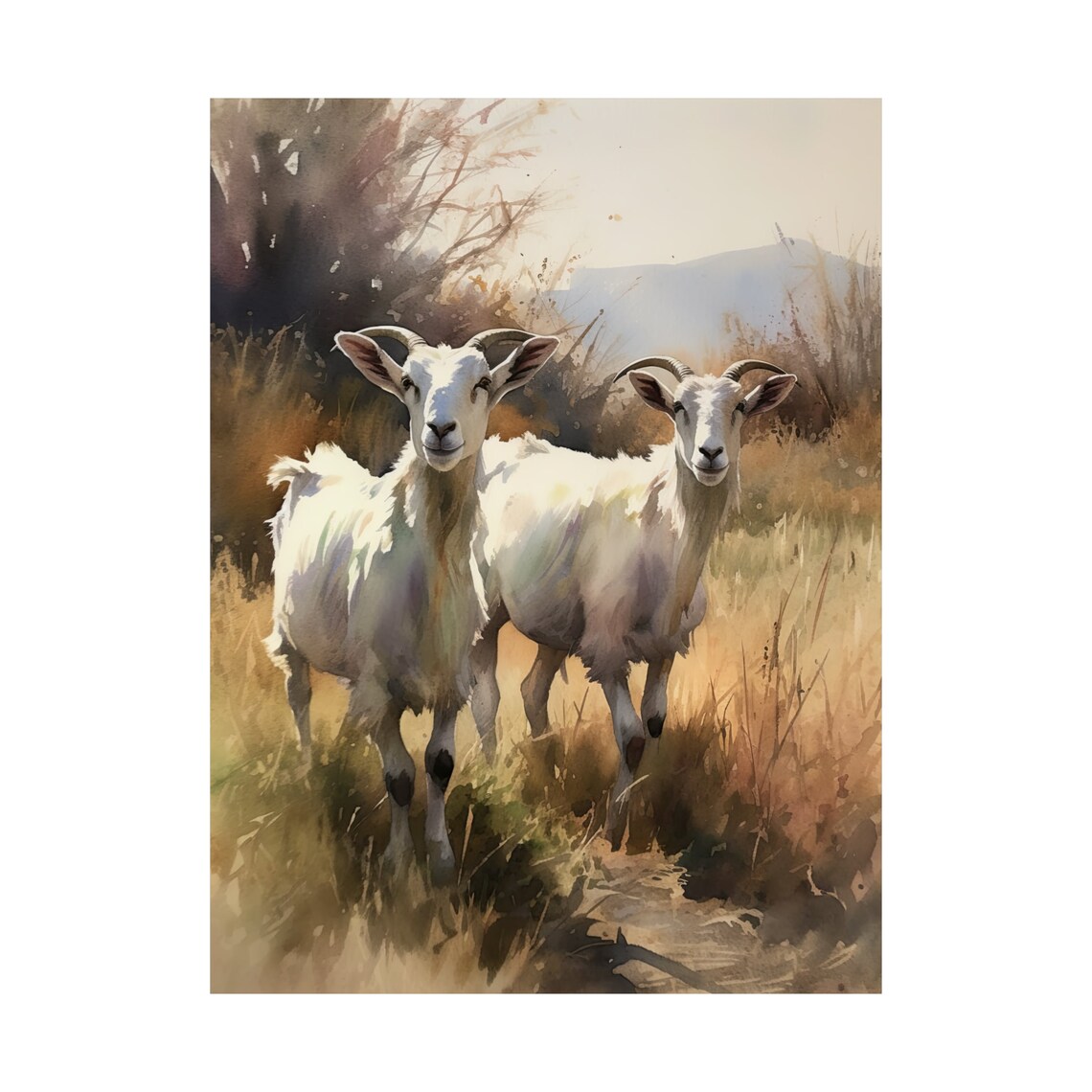 Two White Goats Watercolor Golden Field Farm Animal Painting Wall Art - Image 4