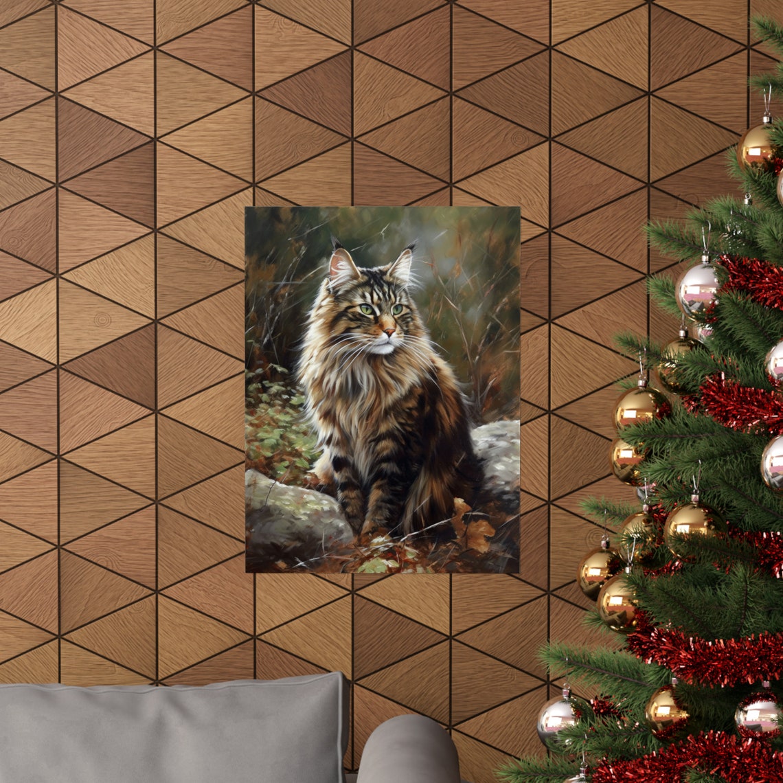 Long Haired Tabby Cat Autumn Woods Portrait Feline Art Poster - Image 3