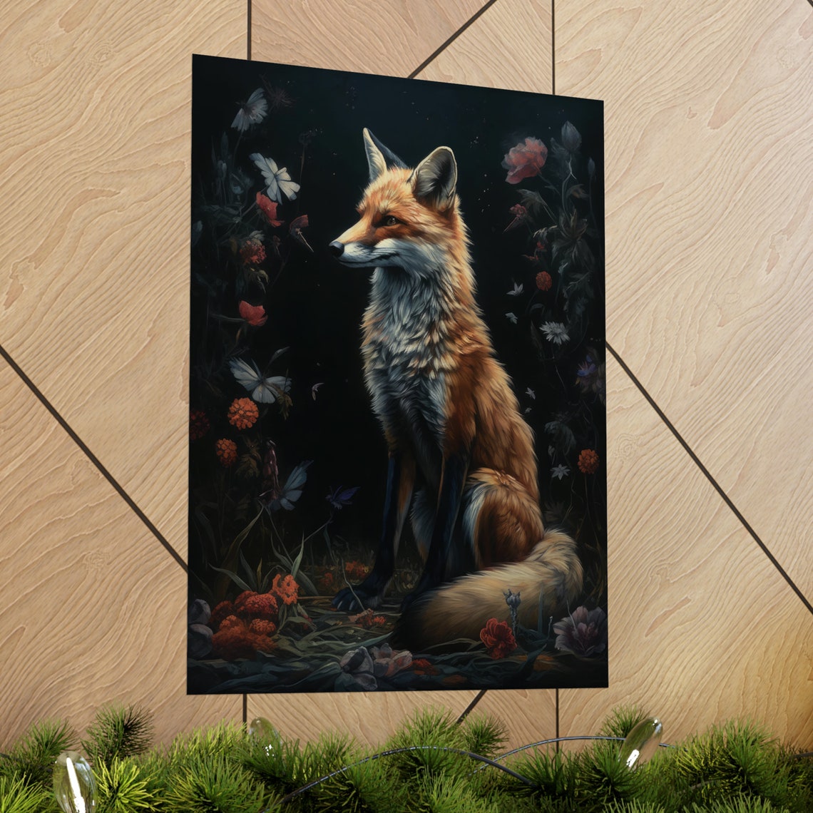 Red Fox Sitting In Profile With Butterflies In Dark Floral Art Poster - Image 2