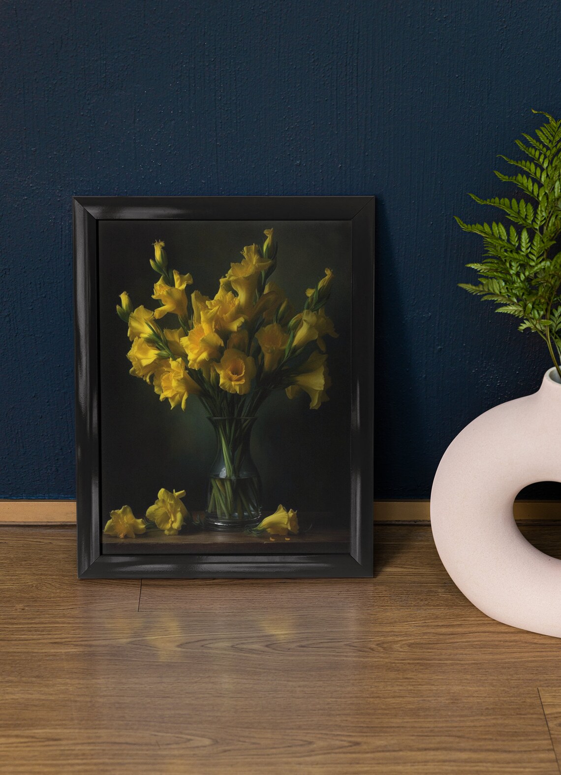 Yellow Gladiolus Bouquet Glass Vase Dark Still Life Floral Art Poster