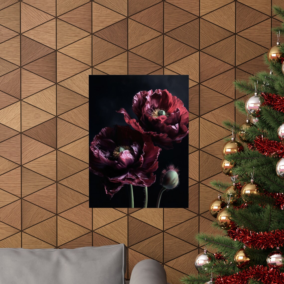 Burgundy Poppy Flowers Dark Moody Botanical Oil Painting Art Print - Image 3