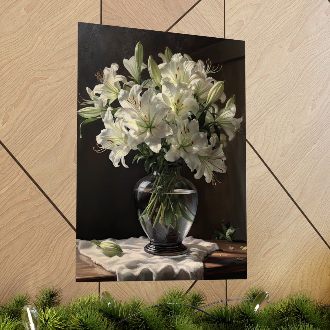White Peruvian Lily Flowers Still Life Vase Linen Cloth Art Print - Image 2