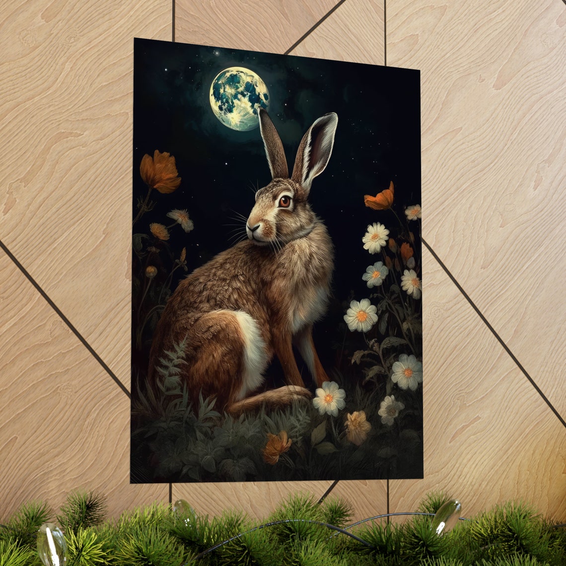 Wild Hare Under Full Moon Dark Academia Floral Night Scene Poster - Image 2