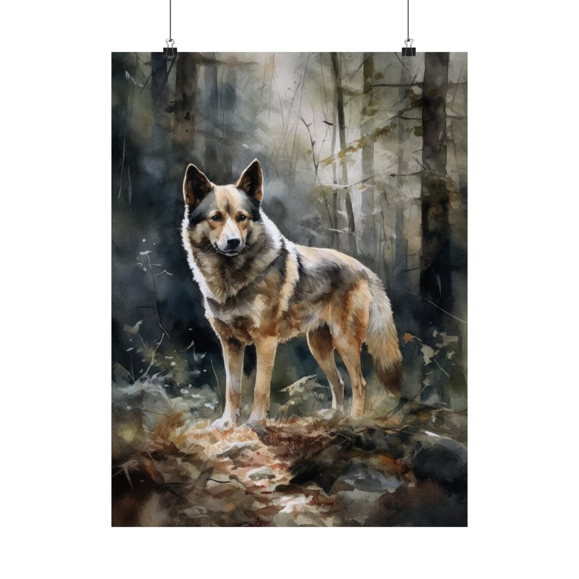 Swedish Vallhund Watercolor Portrait Standing In Dark Forest Poster - Image 5