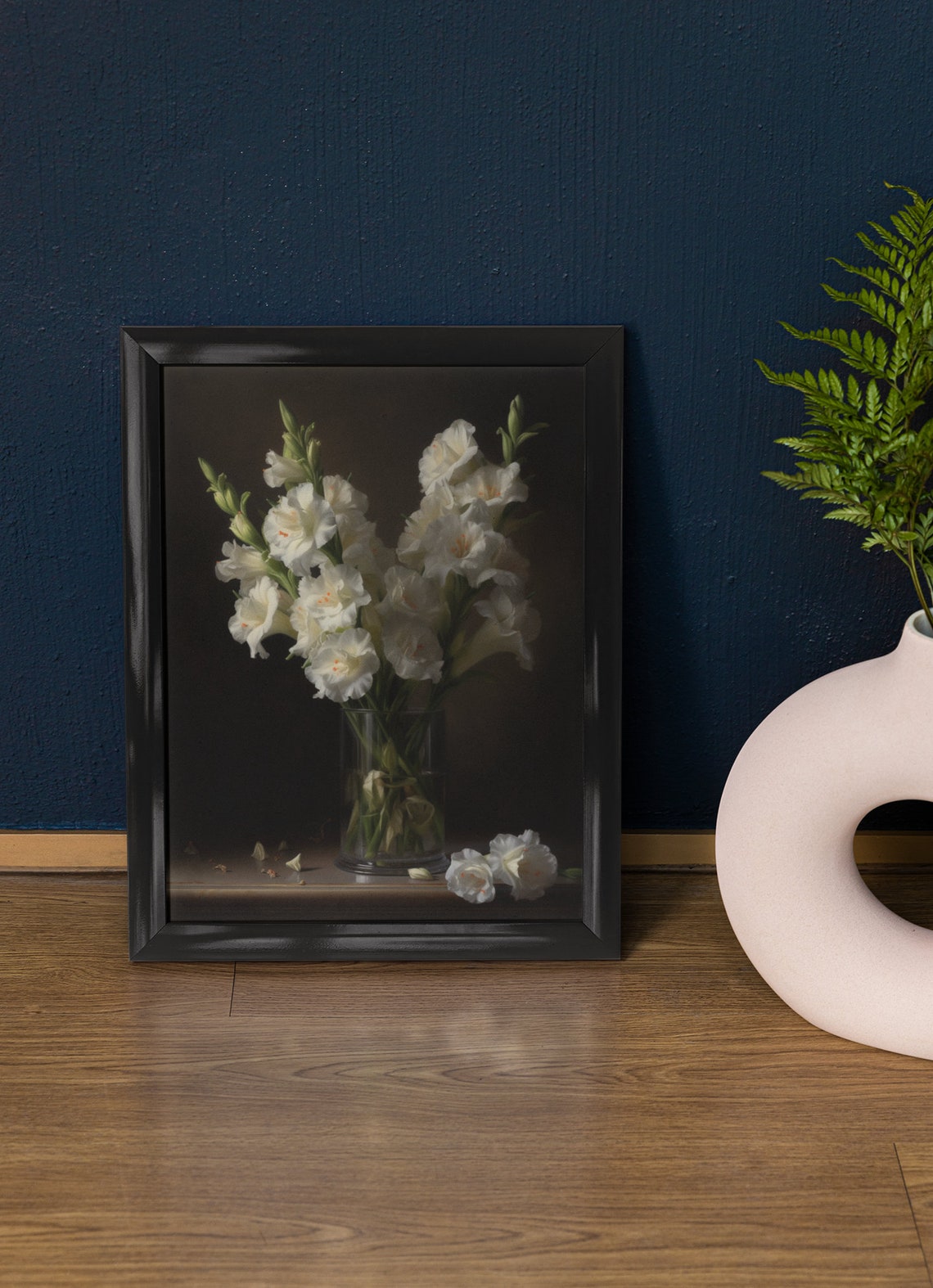 White Gladiolus Spikes Glass Vase Dark Moody Still Life Flower Poster