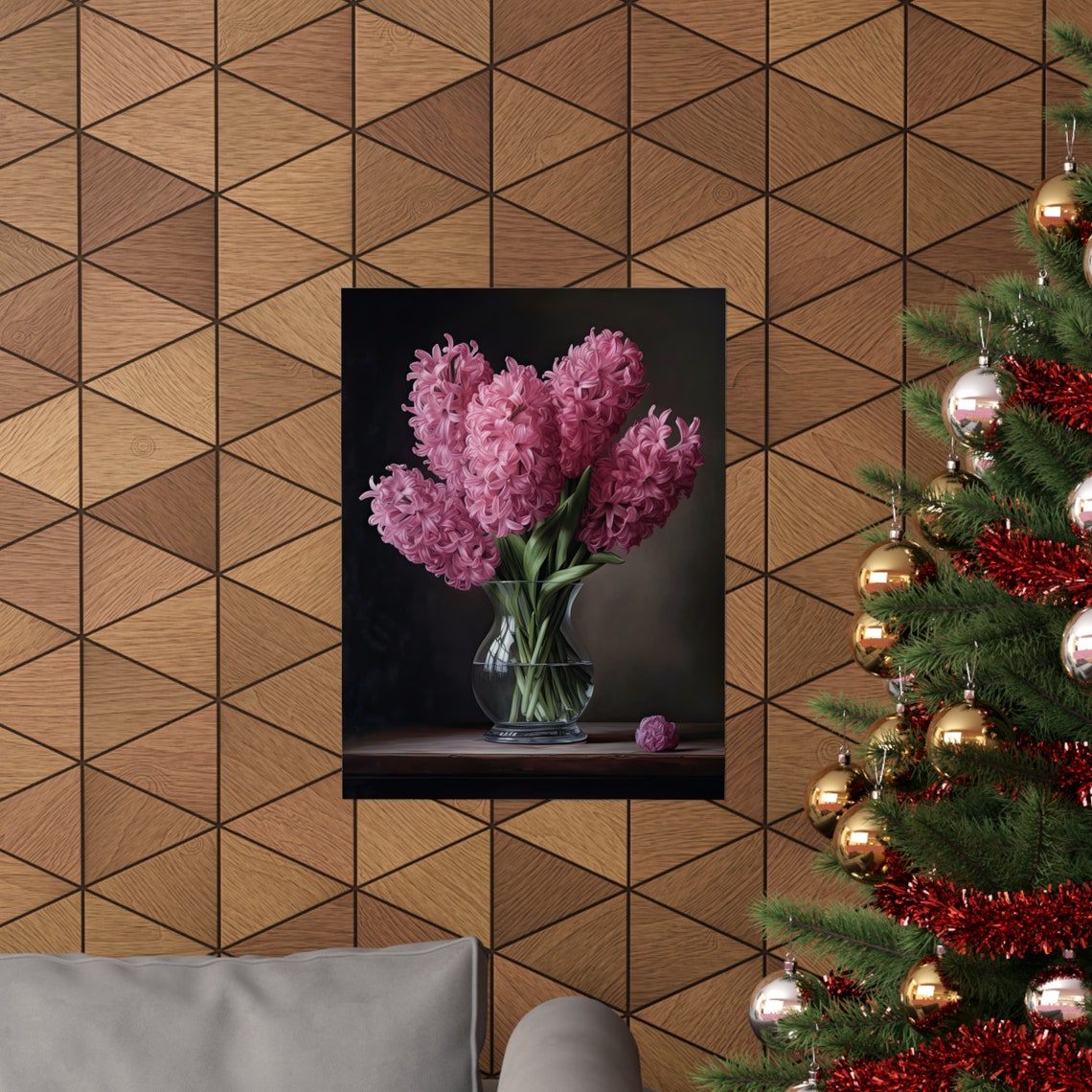 Pink Hyacinth Blooms Glass Vase Dark Moody Still Life Flower Poster - Image 3